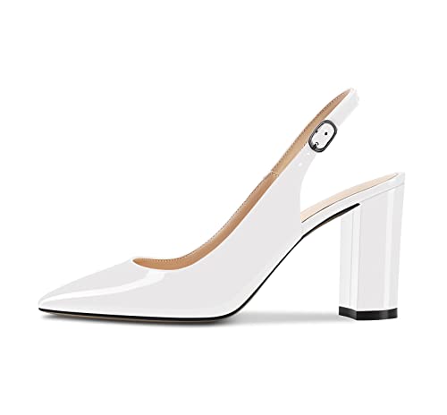 Castamere Damen Hoher High Chunky Blockabsatz Absatz Heel Spitze Zehenkappe Slingback Pumps Slip-on Knöchelriemen Dress Clear Sandalen 8.5 cm Heels Weiß 43 EU