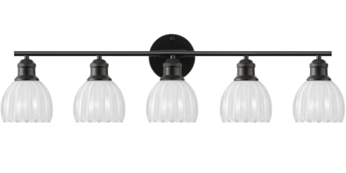 Image of Bathroom Light Fixtures, 5-Light Brushed Black Vanity Lights for Bathroom with White Tulip Glass Shade, 30 inch Vintage Bathroom Vanity Lighting Fixtures Over Mirror for Bedroom Living Room Hallway