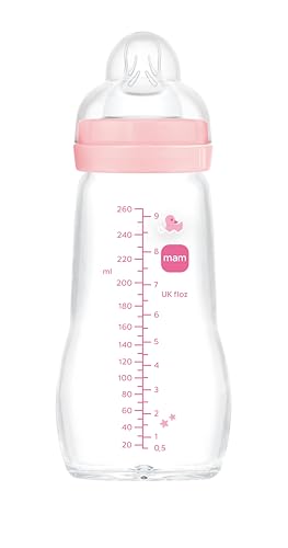 MAM Biberón de Cristal, 2 4 Meses, 260ml, con Tetina 2 de Flujo Medio de Silicona de Fácil Aceptación, Fácil de Limpiar, MAM Feel Good, Rosa, Pack de 1ud