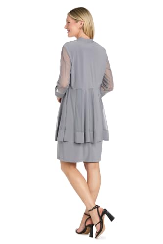 Image of R&M Richards Women's Elegant 2-Piece Shift Dress with Pleated Shimmer Duster Jacket for Mother of the Bride, Cocktail Attire