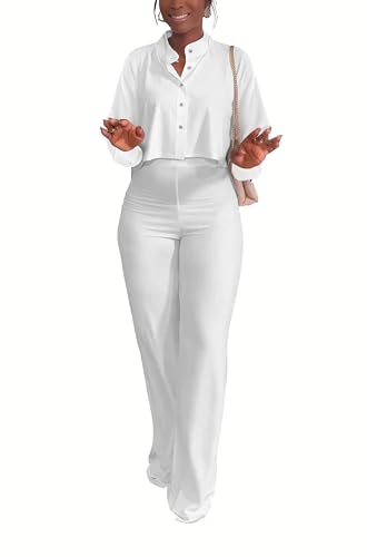 HBQ Women's 2 Piece Outfits Casual Tracksuit Long Sleeve Button Down Crop Top Wide Leg Long Pant Lounge Sets4