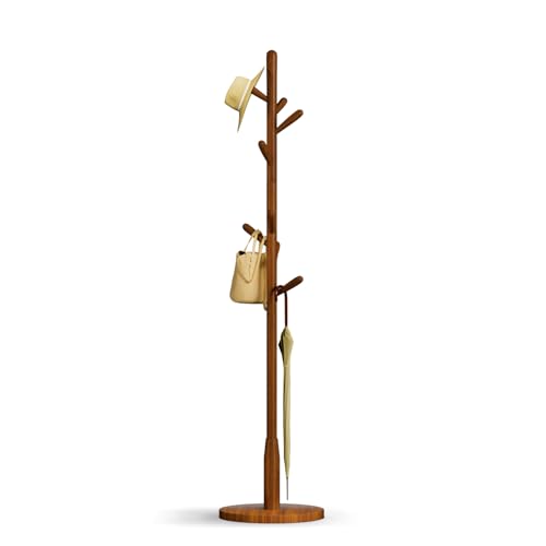 Awatiwa Solid Wood Round Base Coat Rack, Free Standing Hall Coat Tree with 8 Hooks（+2 spare for Coats, Hats, Bags, Purses, for Entryway, Hallway, Rubberwood Hooks,Base and Pole(Round Base,Brown)