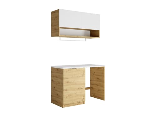 Vente-unique - Meubles de buanderie pour Machine à Laver avec Plan de Travail - L122 cm - Blanc et Naturel Clair - NATAJI