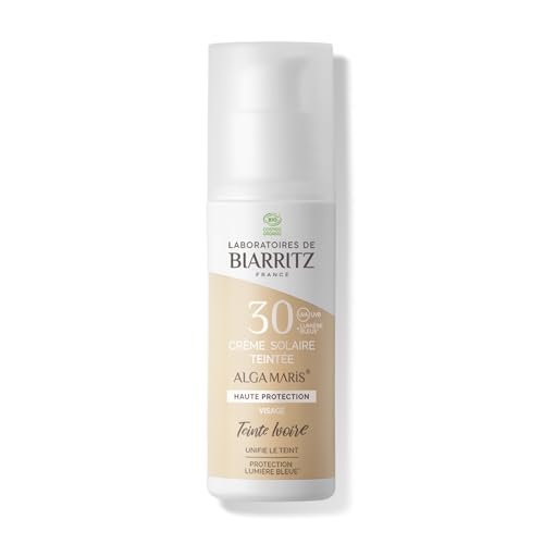 Laboratoires de Biarritz - Crème Solaire Visage Teintée Ivoire - SPF30 - ALGA MARIS® Certifiée Bio - Protection Anti-UVA/UVB et Lumière Bleue - 50 ml - Fabriquée en France (Étui Allemand Espagnol)