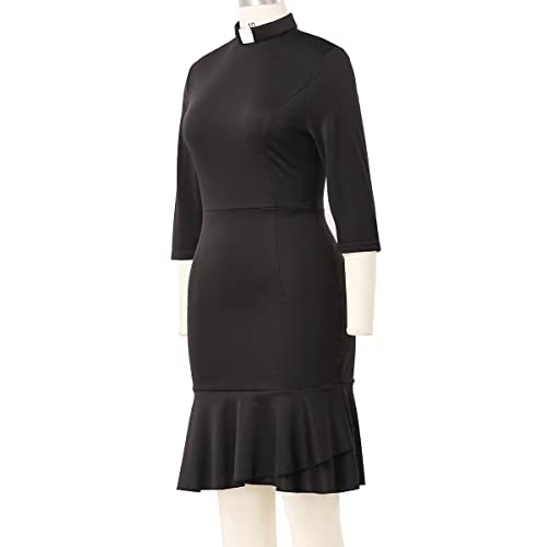 Clergy Church Dress For Women 3/4 Sleeve Plus Size Elegant Pencil Fishtail Dresses With Tab Insert Collar (Xx-Large, Black) #TOP4