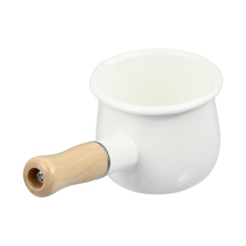 HEALEEP Olla Pequeña de Esmalte de Color Claro para Cocina Japonesa Mango Largo de Madera, Cacerola de Leche y Vapor Adecuado para Desayuno y Alimentos para Bebés, Utensilio Práctico