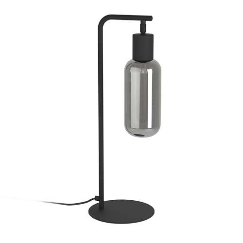 Eglo Table lamp Maione, Bedside Light with Smoked Glass Shade, Metal Fixture in Black and Grey Coated Glass, E27 Socket, 50.5 cm Tall