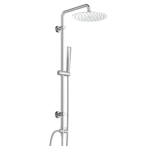 Görbach Duschsystem ohne Armatur mit Edelstahl Regendusche, massive Kopfbrause 20 cm Chrom, stabile Duschstange aus Edelstahl, verstellbare Halterungen, kompatibel mit bestehenden Bohrlöchern