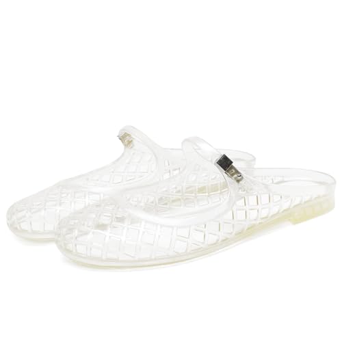 CEFISOP Clear Jelly Slide Sandals for Women Slip On Closed Round Toe Mesh Hollow Flat Mary Jane Mules Beach Jellies Comfortable Buckle Strap Slippers Shoes Clear Size 7
