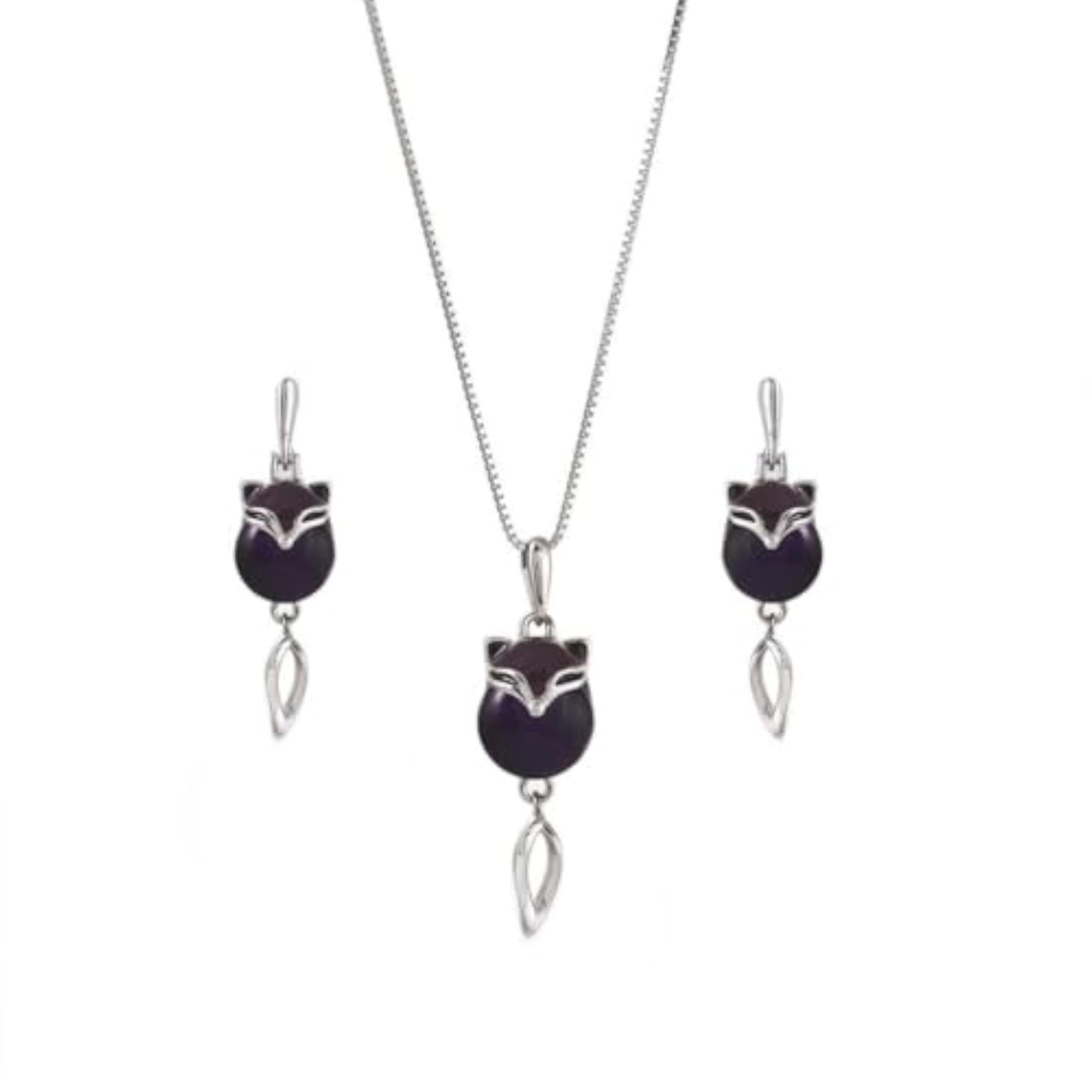 Fox Design Black Onyx Pendant Necklace, Silver Chain