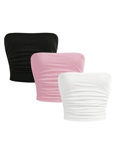 OYOANGLE Girls 3 Pack Strapless Crop Top Side Ruched Bandeau Solid Stretchy Tube Tops Black White Pink 12Y