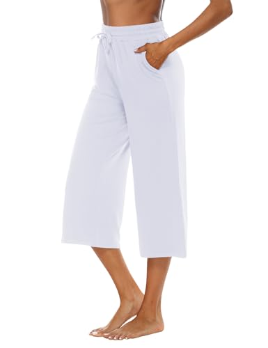 OYANUS Capris for Women Casual Summer Loose Comfy Drawstring Wide Leg Capri Pants with Pockets White-L