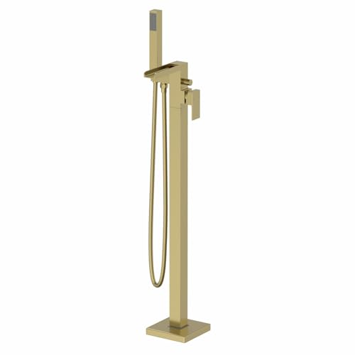 Image of Architeckt® Dakota Bathroom Waterfall Freestanding Bath Shower Mixer Tap Handset Hose Attachment Square Single Lever Handle for Bathtub Modern, Brushed Brass