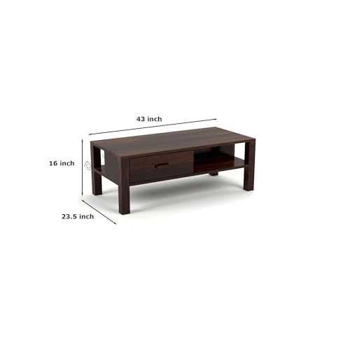 Image of Sheesham Wood Coffee Table for Living Room | Wooden Center Table with Drawer & Shelf Storage | Modern Solid Wood Teapoy Table for Sofa | 43x23.5x16 Inch | Home | Walnut Finish