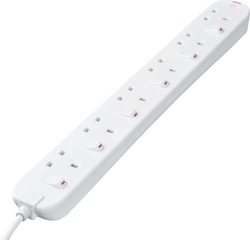 Masterplug Six Socket Extension Lead, 2 Metre Cable, Individual Switches, Power and Surge LED Indicators, 6-Way Plug Extension Cable, Power Strip, White, 13A, 6G, 2m, SWC6210N