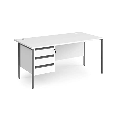 Image of Contract 25 800 mm Deep Straight Desk with Fixed 3 Drawer Pedestal and Graphite H Frame Leg, White, 160 x 80 cm