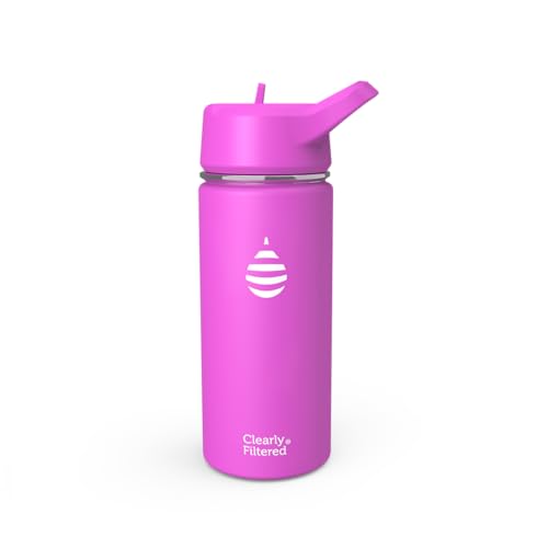 Clearly Filtered Water Bottle | Removes 220+ Contaminants, Double-Wall Insulated Stainless Steel, BPA/BPS Free, Phthalate Free, Filters Flouride Lead Chlorine (16oz, Purple Dino)