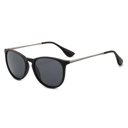 SUNGAIT Premium Vintage Round Sunglasses for Women Men Classic Retro Trendy Style (Black Frame(Matte Finish)/Polarized Grey Lens) 1567 PGHKH