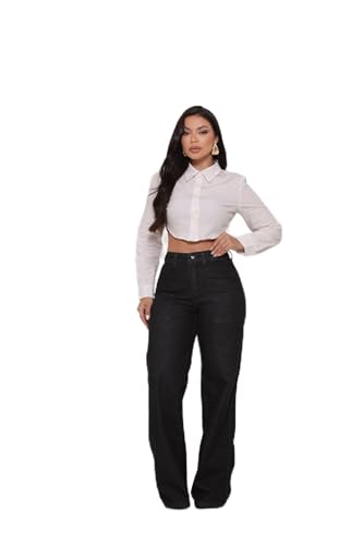 Calça Jeans Feminina Wide Leg Preta, Cintura Alta, Reta Soltinha, Estilo e Conforto (BR, Numérico, 42, Regular, Alto, Padrão, Preto)