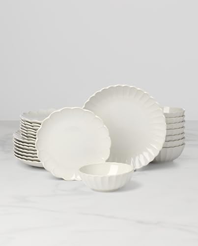 Image of Lenox Dinnerware Sets, French Perle Scallop White 24-Piece Dinnerware Set, Service For 8, Stoneware Material, Dishwasher Safe, Microwave Safe, Bowls, Plates And Bowls, Dinner Dishes (White, 24 Piece)
