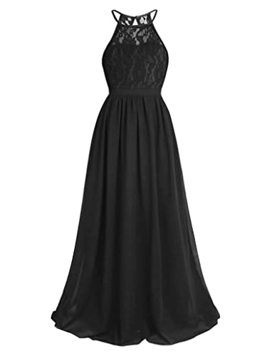 Yartina Kids Flower Girls Dress Wedding Bridesmaid Halter Neck Lace Chiffon Maxi Long Dress Party Ball Gown3