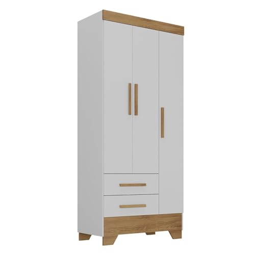 Quarto Infantil Completo Guarda Roupa 3 Portas 2 Gavetas com Cômoda Selene Espresso Móveis Branco Fosco/Nature