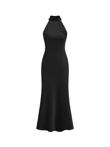 CIDER Womens Satin Halter Backless Maxi Dress Sleeveless: Black, L
