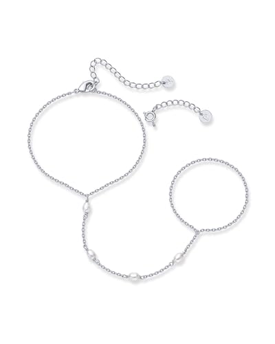 Image of PAVOI 14K Gold Plated Hand Chains for Women - Adjustable Hand Chain Bracelet and Ring - Trendy Gold Handchain Bracelet Stack Summer Jewelry - Beads, Pearl, and Cubic Zirconia Body Jewelry