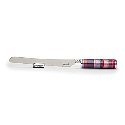 EMANUEL Yair Challah Bread Knife with Detachable Salt Shaker in Handle | Modern Multicolored Ring Design (Maroon NSM-3)