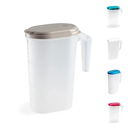 Plastic Slimline Fridge Jug with Lid Water Milk Juices Kitchen Home Door Picnic Jugs Pitcher of Water Clip & Lock Seal Dishwasher Freezer & Microwave Safe (Frost with Taupe Lid, 1.6L)