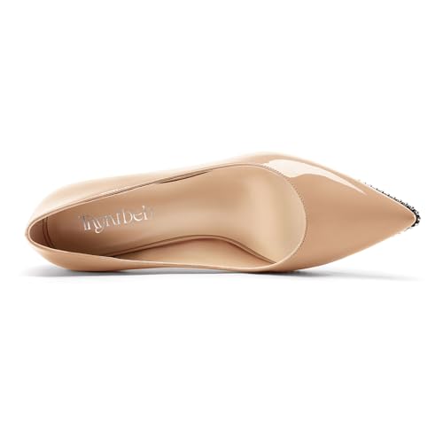 Image of TNYNFBEB Womens Kitten Heel Pointed Toe Pumps Slip-on Sliver Beaded Prom Wedding Dress Basic Classic Patent Leather Summer 2.6 Inches Heels