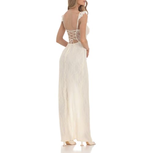 Image of Women Sexy Lace High Split Long Dress Sweetheart Neck Ruffled Sleeve Backless Maxi Dress Party Cocktail Cami Dress