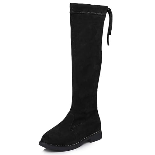 Girls' Youth Side Zipper Back Tie String Suede Knee High Long Boots Fur-Lined Over The Knee Winter Booties