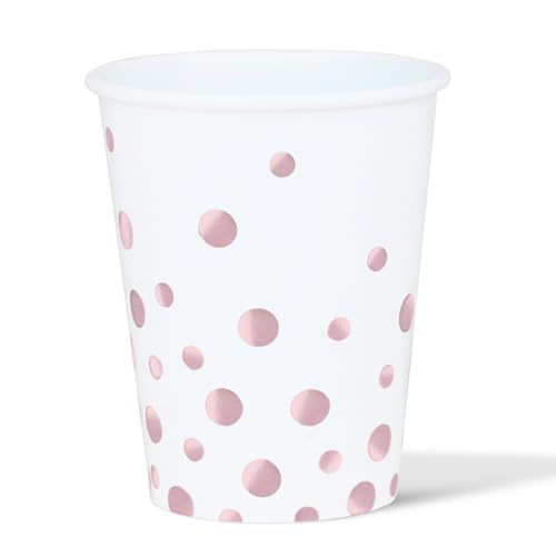 ZVK White Party Paper Cups with Pink Gold Foil Disposable Drinking Cups 250ml Birthday Party Tableware Decorations for Wedding, Bridal shower, Cocktail Party, Pack of 12