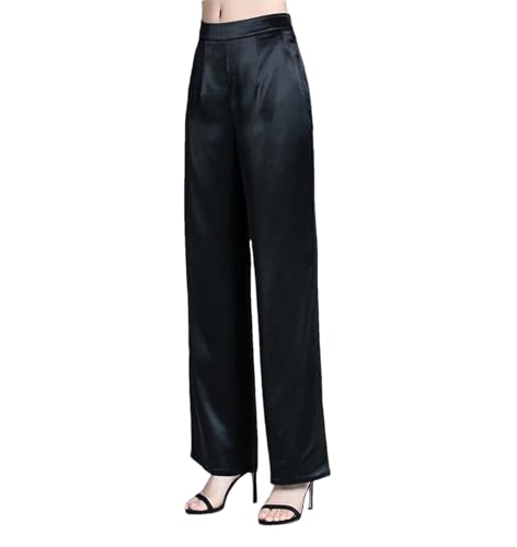 Women Solid Pockets Silk Trousers Elastic High Waist Office Loose Straight Wide Leg Pants