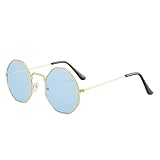 TOIPASTN Damen Vintage Polygon Sonnenbrille Herren Metallrahmen Sonnenbrille (Gold Blau)