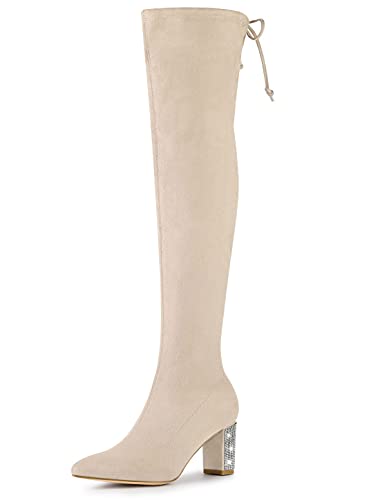 Allegra K Women's Chunky Heels Rhinestone Over Knee High Beige Boots - 6 M US