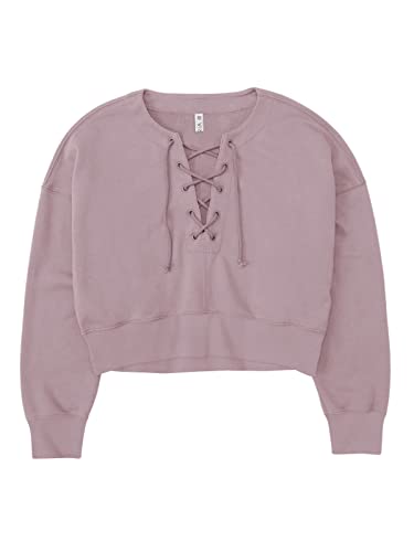 REORIA Damen Sweatshirts mit Rundhalsausschnitt Langarmshirts Dicke Crop Tops mit Trendiger Schnürung Grau Lila XL Cover