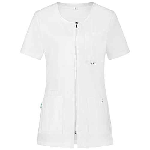 B-well Stella Kasacks Damen Pflege Kleidung Damen Schlupfjacke mit Reißverschluss Kasaks Altenpflege Damen, Kurzarm, 4 Taschen (Weiß, M)