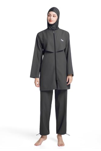 Muslimische Damen-Bademode volle Abdeckung islamischer Burkini mit Hijab muslimische Badeanzüge für Frauen 3-teiliges Set mit Reißverschluss vorne Schwarz  XL