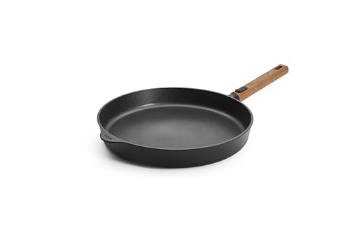 Woll Eco Logic QXR   Sartén plana de hierro fundido (inductiva, diámetro de 32 cm, 5 cm de alto, con mango de madera sostenible extraíble, apta para todo tipo de cocinas, sin PFAS, revestimiento