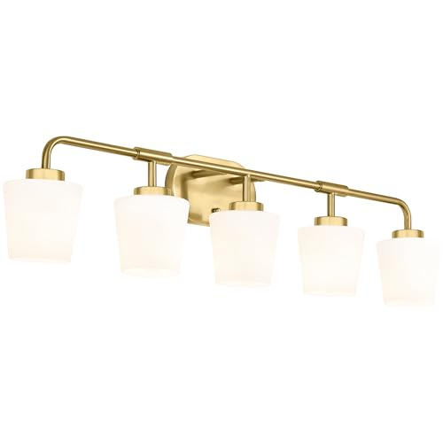 Image of Bathroom Light Fixtures Over Mirror, 5-Light Brushed Gold Vanity Lighting Fixtures with Milk White Glass, 38inch Farmhouse Champagne Bronze Wall Sconces Lighting, AD-22004-5W-GD