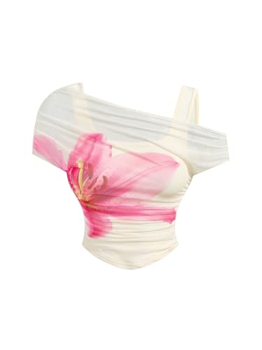 Girl's Floral Hibiscus Top Asymmetrical Neck Graphic Tees Mesh Short Sleeve Summer Going Out T Shirt