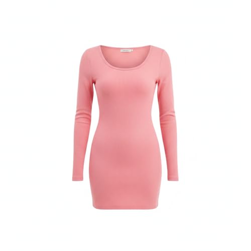 Image of Bedazzle Women's Pink Ribbed Bodycon Mini Dress Long Sleeve Wide Neck Slim Fit Stretch Knit Cocktail Party Casual Short Dress Style