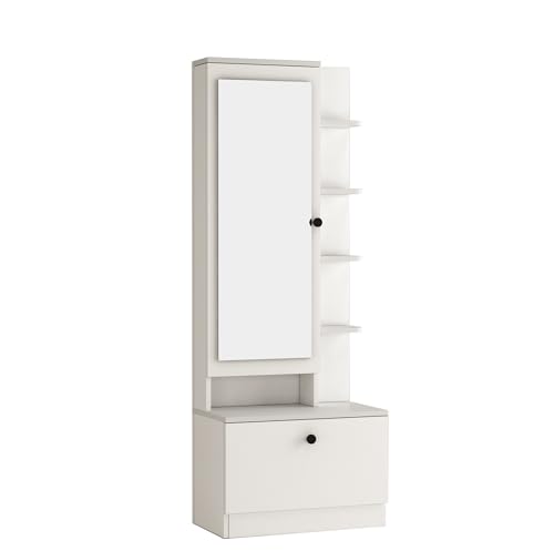 Image of DesignFit Bonita Engineered Wood Dressing Table with Mirror and Drawer | Closed and Open Storage Unit | Wooden Vanity Table for Bedroom, Living Room Furniture (Matte Moonshine White Finish)