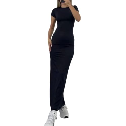 Vestido Largo de Mujer con Escote Halter, Ideal para invitadas a Bodas en la Playa, con Espalda Descubierta y caída fluida, Color Negro, Talla Extragrande.