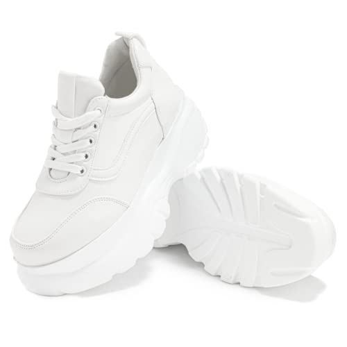 Readysalted Platform Sneakers For Women Fashion Chunky Sneakers Casual Lace Up Walking Sneakers(Blown1-White-07) #TOP2