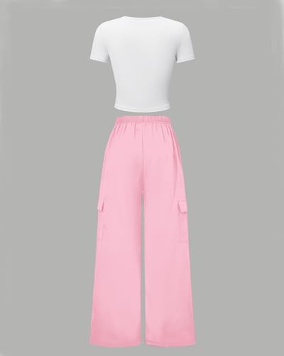 Image of Betusline Girls 2 Piece Outfits Short Sleeve Crop Top & Parachute Cargo Pants Set,4T-14 Years