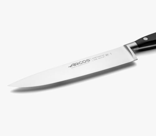 Image of Arcos Forged Chef Knife 8 Inch Stainless Steel. Professional Cooking Knife for Cutting Fish, Meat and Onion. Ergonomic Polyoxymethylene Handle and 200mm Blade. Series Riviera. Color Black