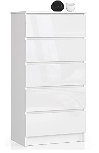 Home Collective Kommode in weiß Hochglanz mit 5 geräumigen Schubladen, 60 cm breit, 121 cm hoch Schlafzimmer Flur Wohnzimmer Organizer Kommode mit Schubladen Holz Highboard Sideboard Schrank